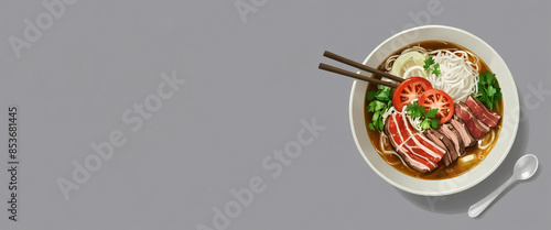 Vietnamese pho soup with beef slices, rice noodles, herbs, and chili on a textured gray background with a place for text, illustrating Vietnamese cuisine. photo