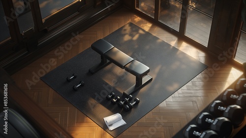 Cozy Home Gym with Bench, Dumbbells, and Yoga Mat in Sunlit Room photo