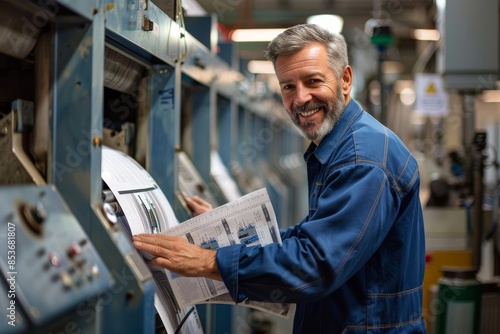 Industrial worker wearing blue overalls operating machinery in factory