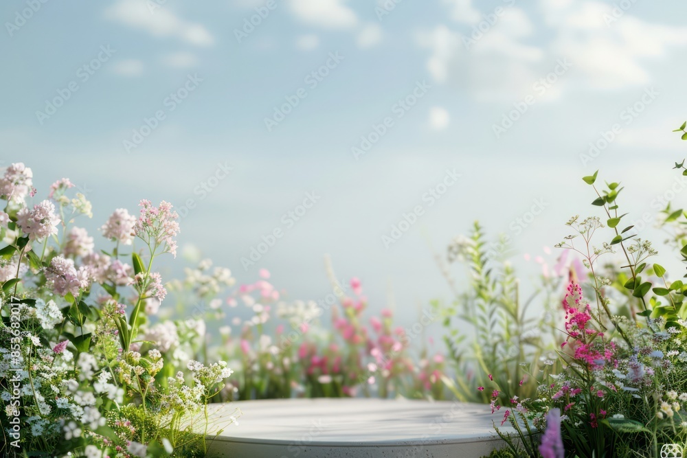 A beautiful garden with a white stone pedestal in the middle A beautiful garden with a white stone pedestal in the middle