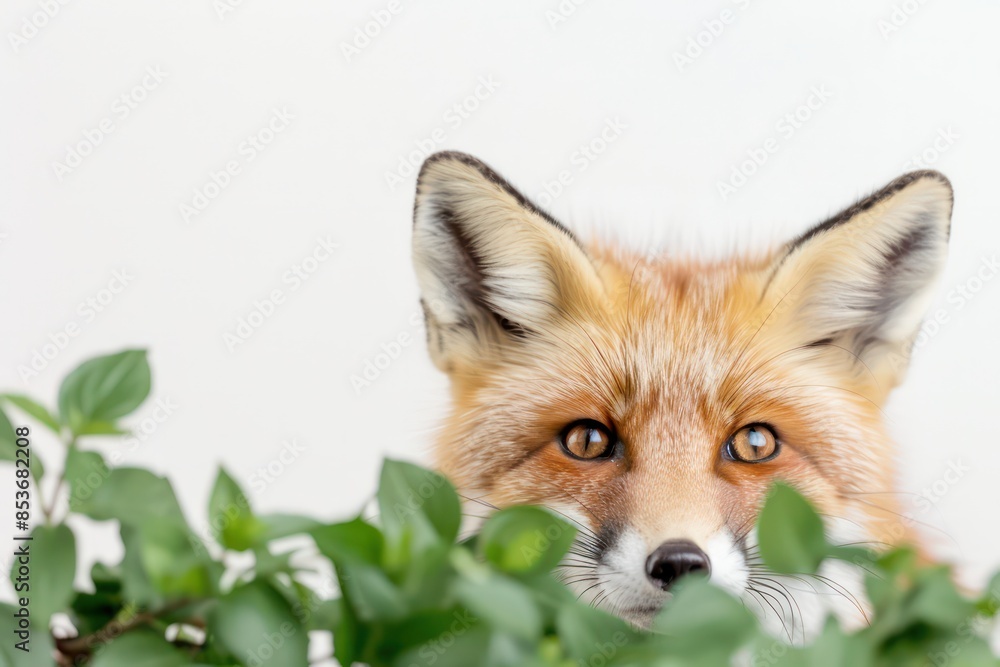 A fox is peeking out from behind some leaves