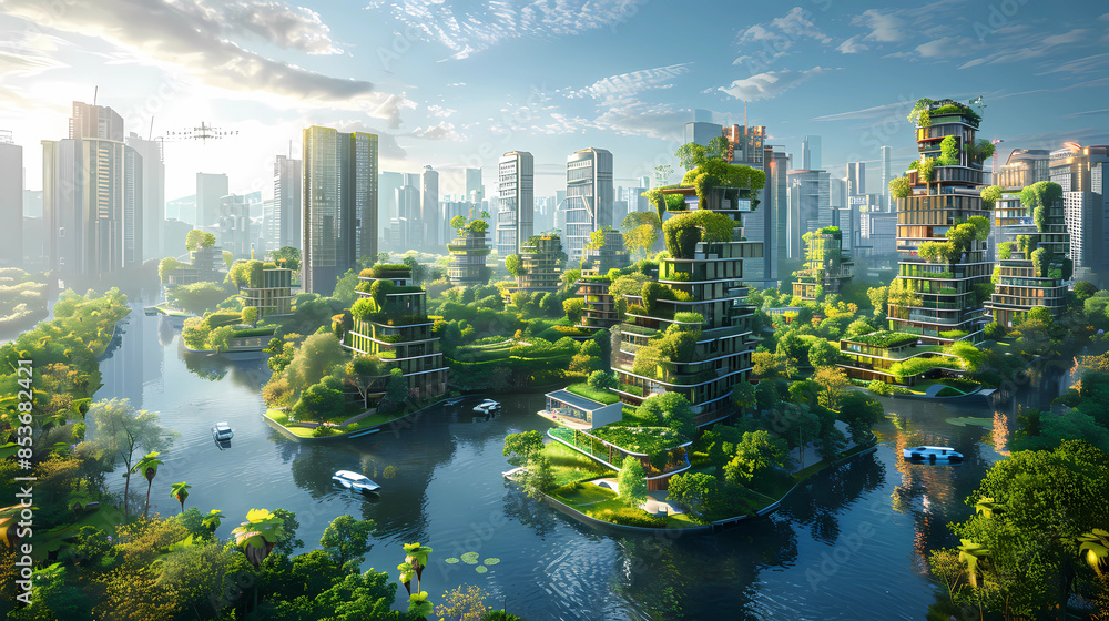 Obraz premium Modern Sustainable Development City with Green Buildings, sustainable construction, sustainable design