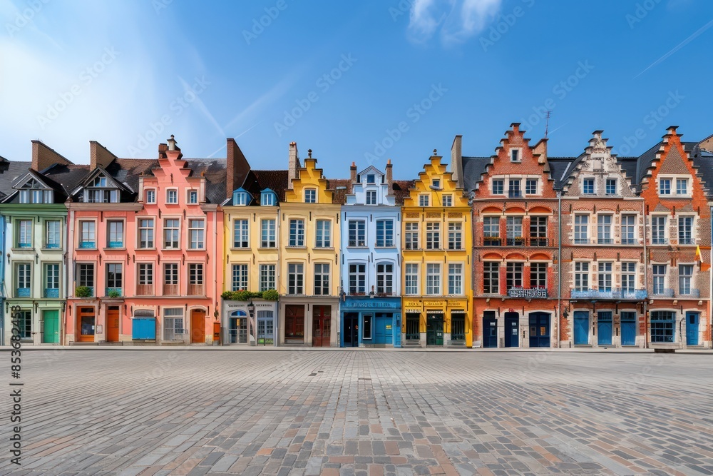 A row of colorful buildings with a cobblestone street in between A row of colorful buildings with a cobblestone street in between