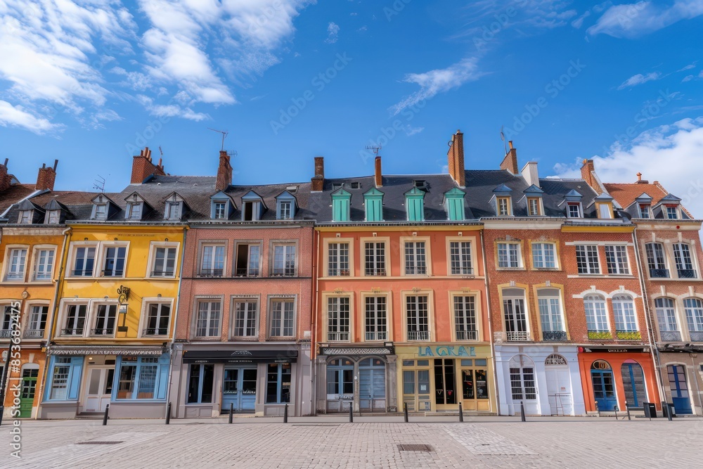 A row of colorful buildings with a blue sky in the background A row of colorful buildings with a blue sky in the background