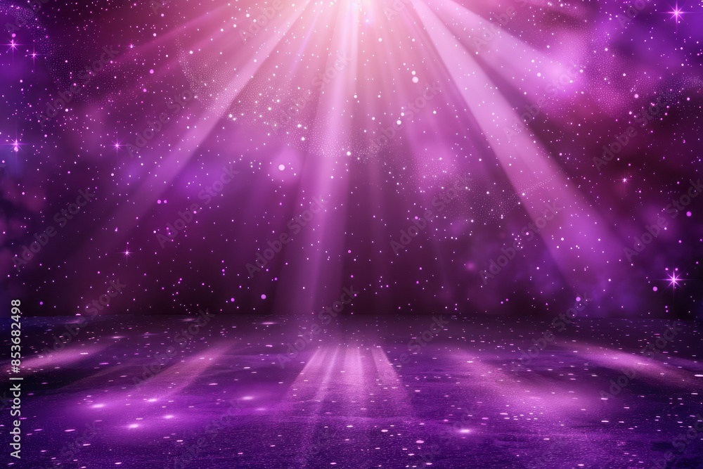 Fototapeta premium Soft purple stage lights with soft rays radiating against a dark backdrop, cinematic feel with beams of light and shining stars
