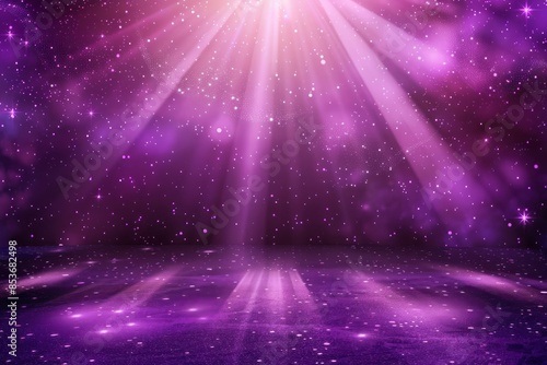 Soft purple stage lights with soft rays radiating against a dark backdrop, cinematic feel with beams of light and shining stars