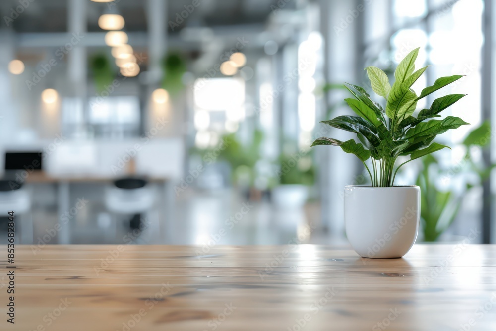 A potted plant sits on a wooden table in a room with a lot of windows A potted plant sits on a wooden table in a room with a lot of windows