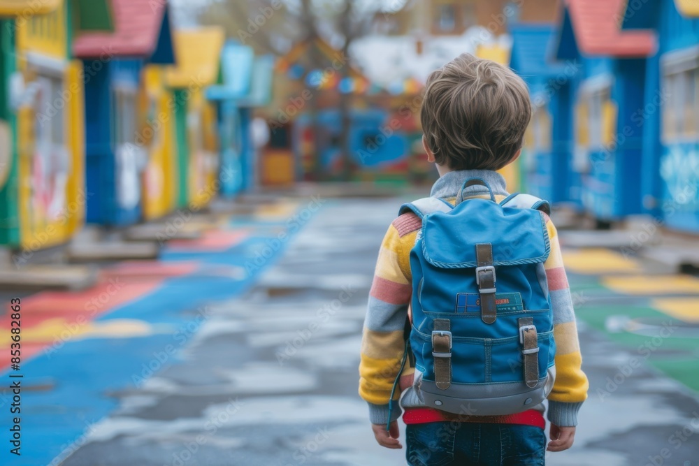 A boy with a backpack goes to kindergarten for the first time. The child goes to first grade to gain new knowledge. A boy with a backpack goes to kindergarten for the first time. The child goes to first grade to gain new knowledge.