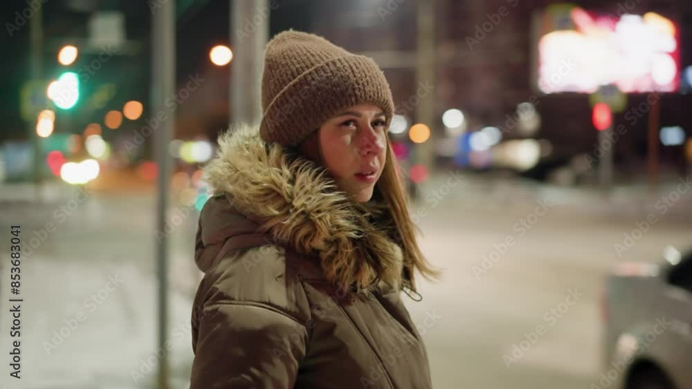 woman in a winter coat with a fur hood, standing and rubbing her hands together while looking to the right at night. Blurry cars are moving in the background woman in a winter coat with a fur hood, standing and rubbing her hands together while looking to the right at night. Blurry cars are moving in the background