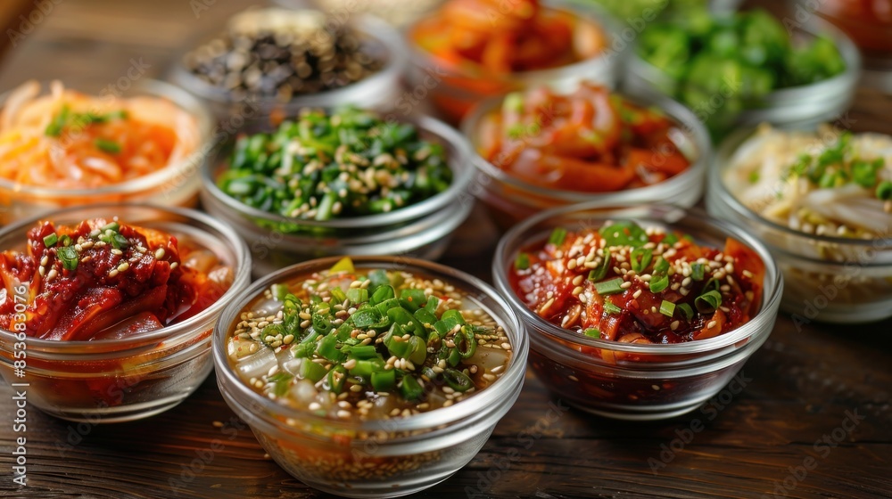 Assorted Korean Side Dishes in Glass Bowls with Fresh Ingredients and Garnishes on Wooden Table Assorted Korean Side Dishes in Glass Bowls with Fresh Ingredients and Garnishes on Wooden Table