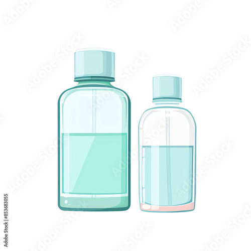 Two plastic bottles with blue liquid, one large and one small, isolated on white background., transparent background, PNG