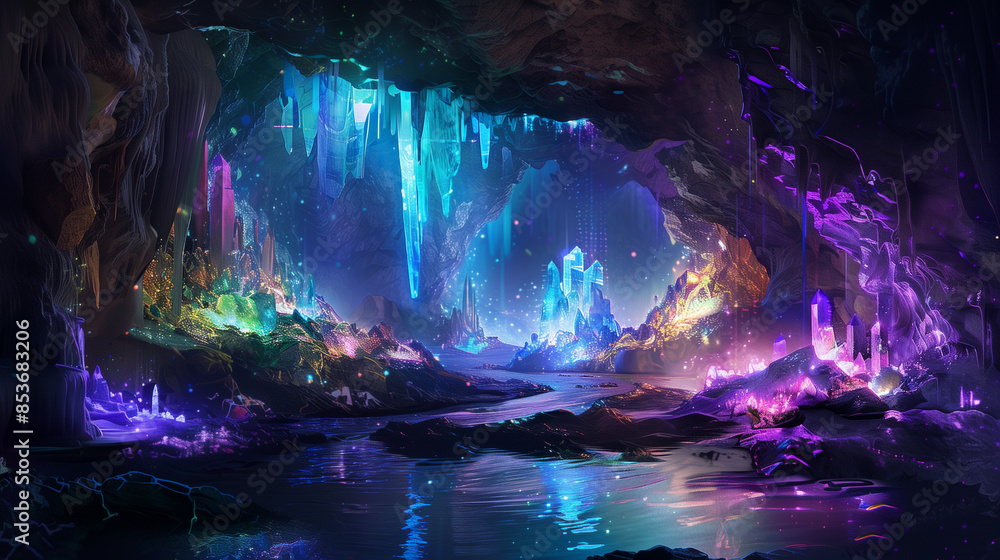 Obraz premium A mysterious cave illuminated by glowing crystals, with an underground river and hidden treasures.