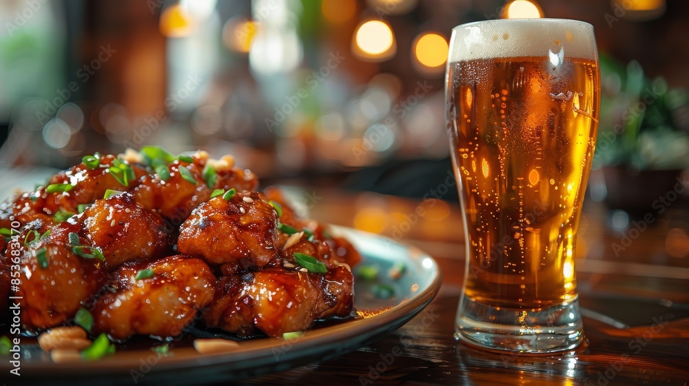Cold beer served with Korean fried chicken. The background is blurred to highlight the meal, revealing the lively atmosphere of the restaurant. Golden crispy chicken paired with an ice-cold beer Cold beer served with Korean fried chicken. The background is blurred to highlight the meal, revealing the lively atmosphere of the restaurant. Golden crispy chicken paired with an ice-cold beer