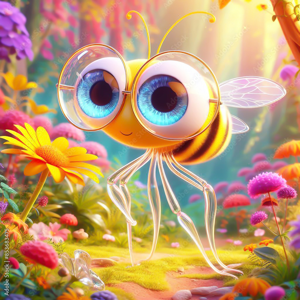 © Alicina - 3D funny slender bee cartoon in forest. Funny illustration of insects for children's cards