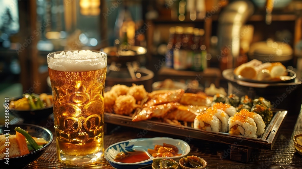 Cold beer served with sushi. The background is blurred to highlight the meal, revealing the lively atmosphere of the restaurant. Golden crispy chicken paired with an ice-cold beer Cold beer served with sushi. The background is blurred to highlight the meal, revealing the lively atmosphere of the restaurant. Golden crispy chicken paired with an ice-cold beer
