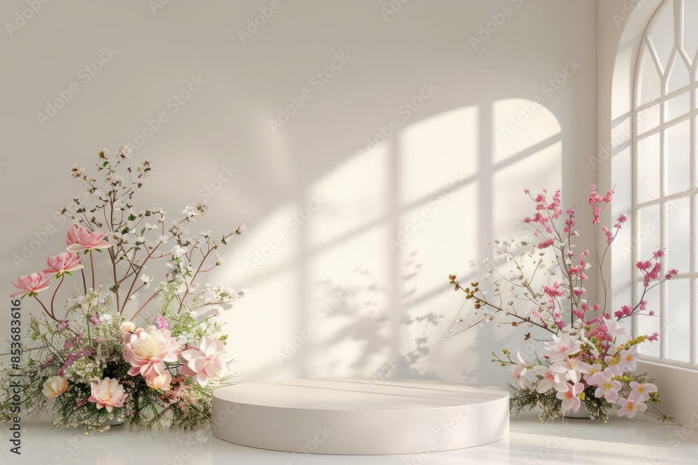 A white room with a white pedestal in the center and a window on the right A white room with a white pedestal in the center and a window on the right
