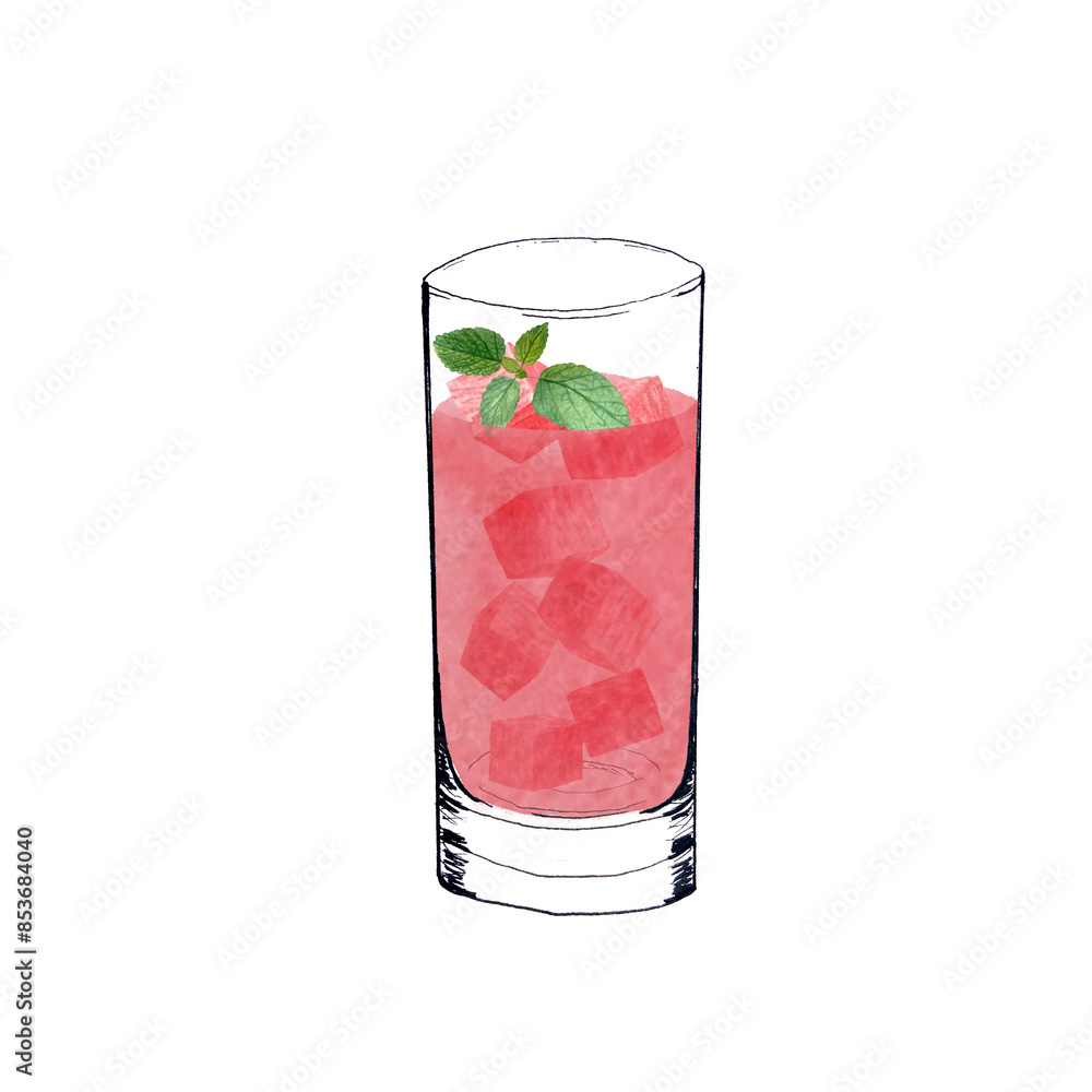 A glass with watermelon cubes, pink juice and mint. Watercolor, ink art isolated on white background, hand drawn for food design. Great for juice, smoothie, menu, organic food, logo decor and design A glass with watermelon cubes, pink juice and mint. Watercolor, ink art isolated on white background, hand drawn for food design. Great for juice, smoothie, menu, organic food, logo decor and design
