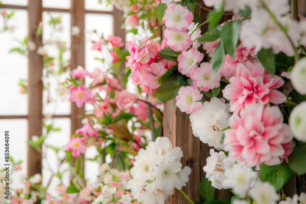 A beautiful bouquet of pink and white flowers is displayed in a wooden frame A beautiful bouquet of pink and white flowers is displayed in a wooden frame