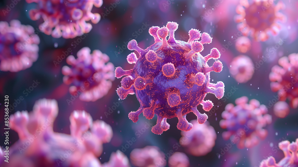 A close-up, highly detailed 3D rendering of the COVID-19 virus, showing its spike proteins and spherical shape. The virus is depicted in shades of pink and purple, with a blurred background. A close-up, highly detailed 3D rendering of the COVID-19 virus, showing its spike proteins and spherical shape. The virus is depicted in shades of pink and purple, with a blurred background.