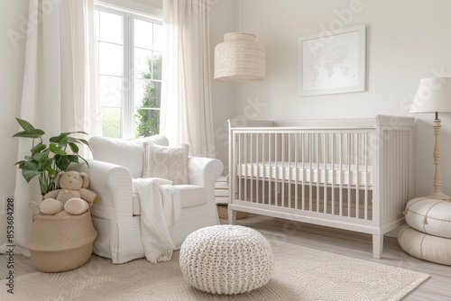 A nursery room with a white crib, a white chair, and a white rug