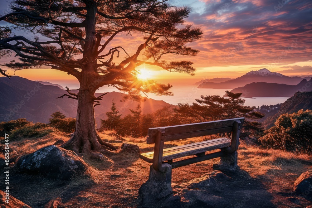 Serene Lakeside Bench at Sunset in Autumn