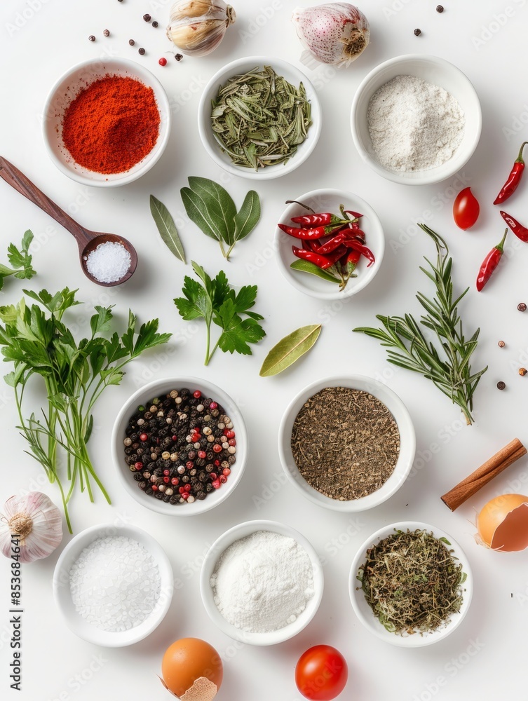 kitchen utensils, vegetables, spices and others arranged on white background kitchen utensils, vegetables, spices and others arranged on white background