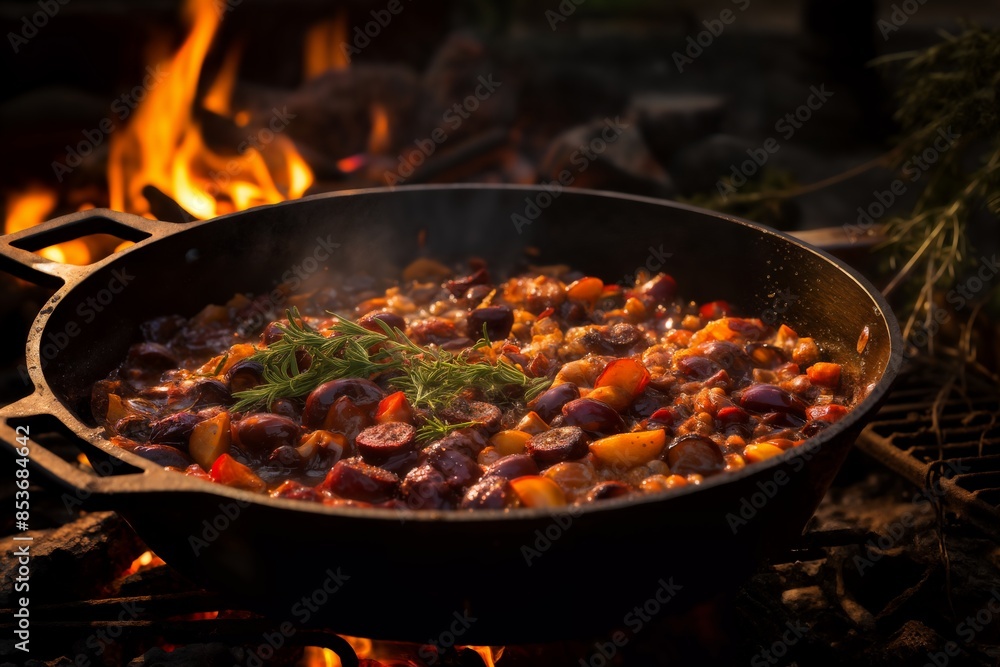 cooking on fire, mushrooms with tomatoes stewed in sauce, with herbs and vegetables, frying in a pan, delicious food cooking on fire, mushrooms with tomatoes stewed in sauce, with herbs and vegetables, frying in a pan, delicious food