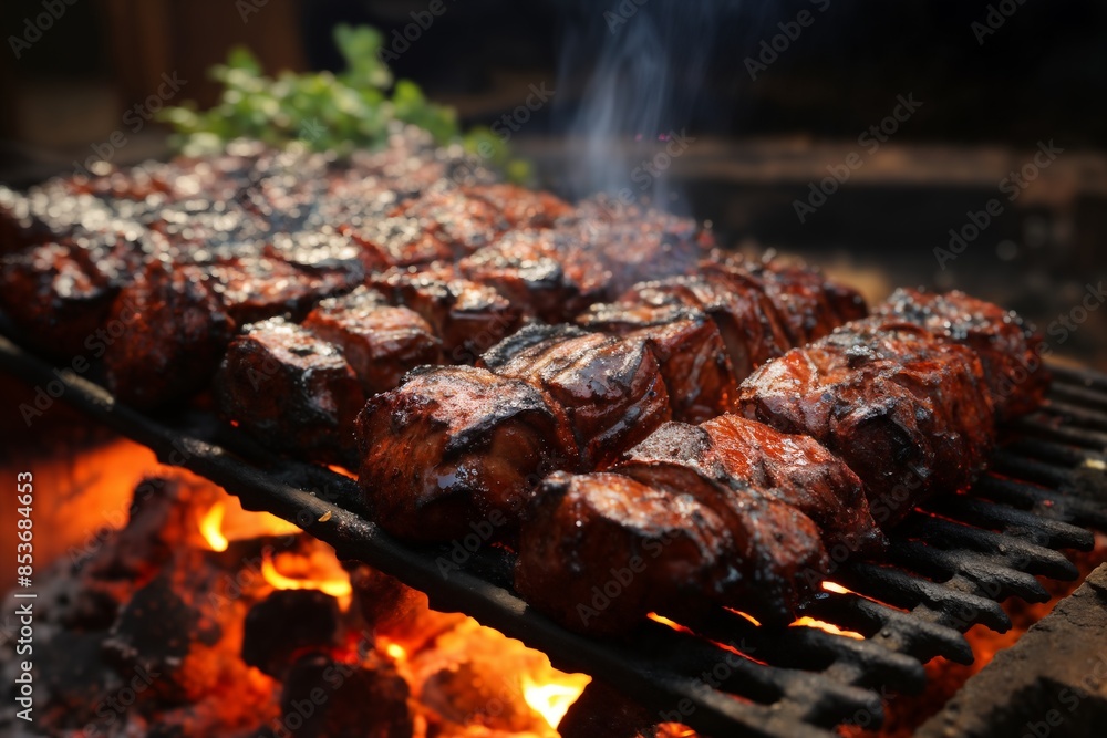 cooking meat with vegetables and herbs on fire, barbecue, flames and smoke, delicious food cooking meat with vegetables and herbs on fire, barbecue, flames and smoke, delicious food