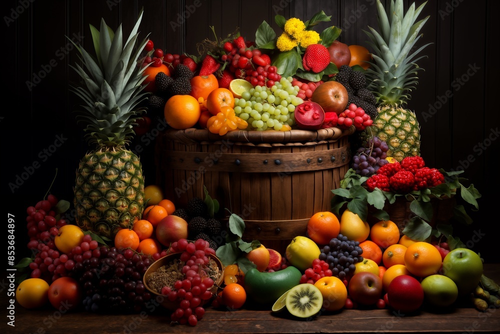 still life with bunches of grapes, berries and fresh and juicy fruits against a dark old wooden background, rural vintage style, the concept of fresh and healthy food still life with bunches of grapes, berries and fresh and juicy fruits against a dark old wooden background, rural vintage style, the concept of fresh and healthy food