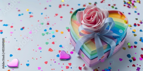 3D heart gift box with ribbon and rose, rainbow colors, on a white background © EnelEva