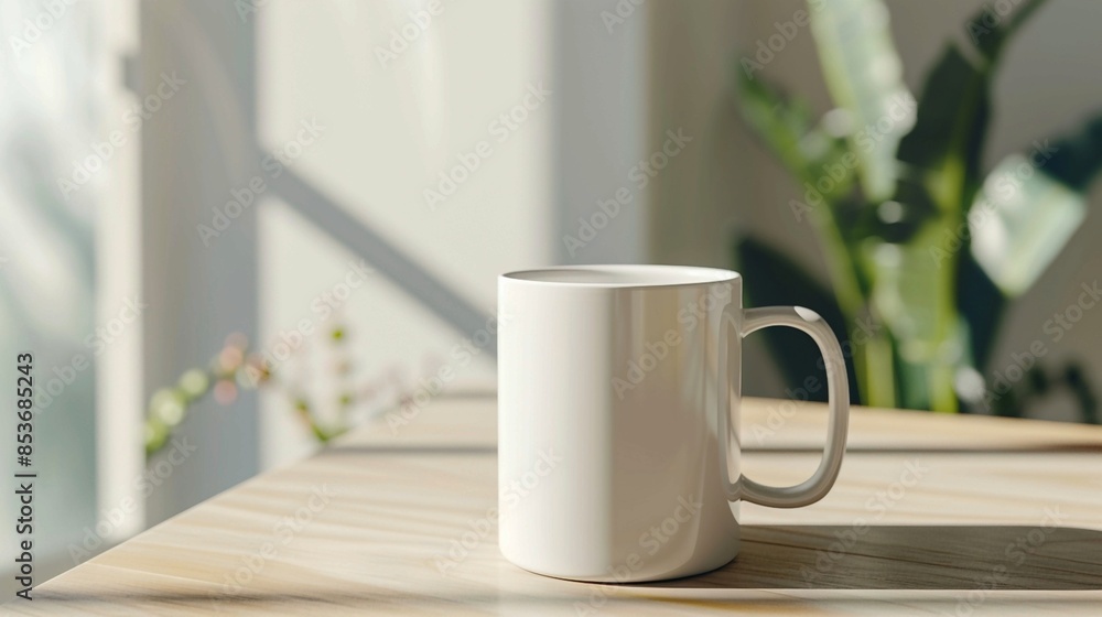 Obraz premium Elegant White Mug on Wooden Table, Embracing Minimalist Home Decor. Generative AI