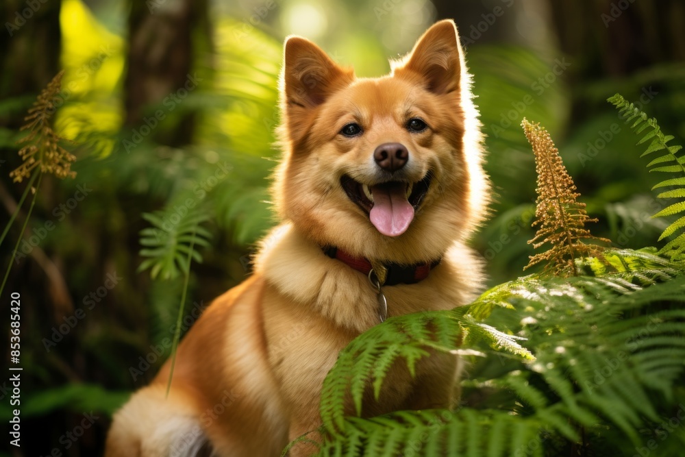 Portrait of a happy finnish spitz while standing against lush tropical rainforest Portrait of a happy finnish spitz while standing against lush tropical rainforest