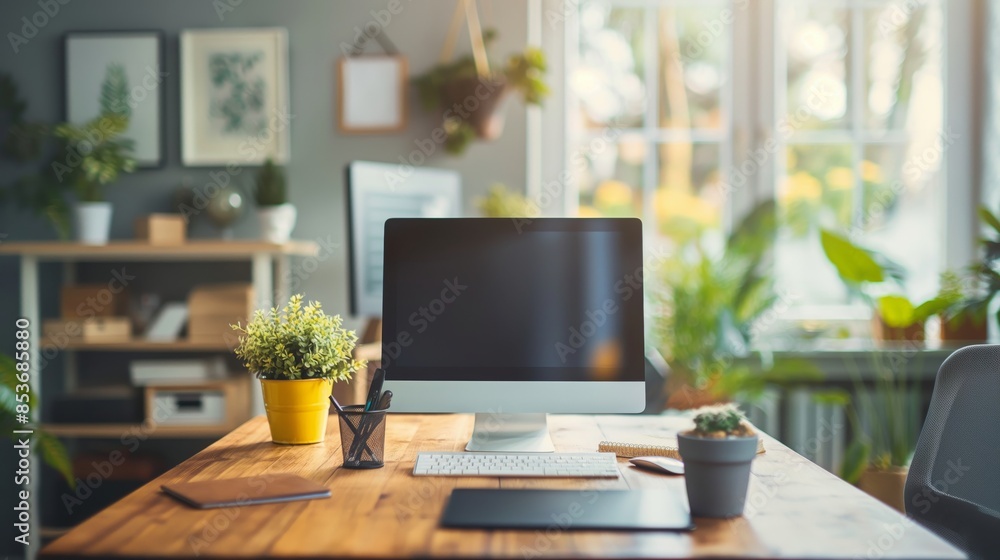 A serene and tidy home office bathed in natural light, featuring a minimalist desk setup with vibrant houseplants enhancing the workspace's calm ambiance A serene and tidy home office bathed in natural light, featuring a minimalist desk setup with vibrant houseplants enhancing the workspace's calm ambiance
