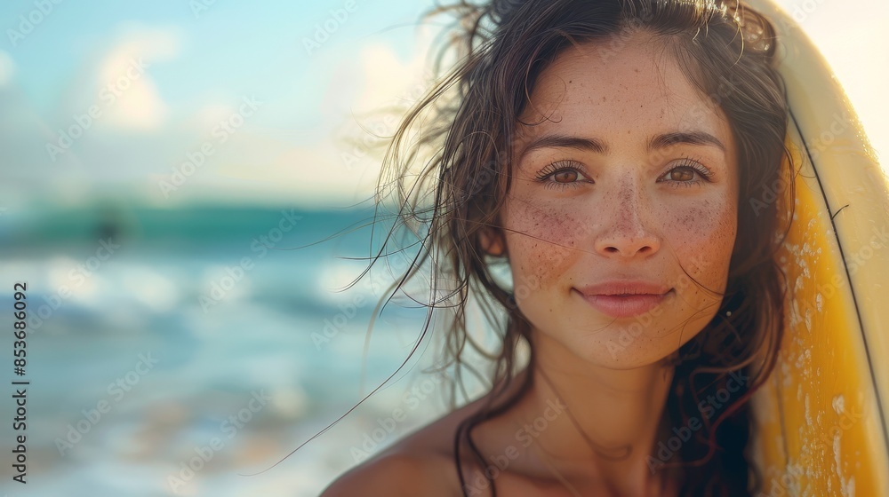A young, joyful woman stands with a yellow surfboard on the beach, radiating summer and freedom A young, joyful woman stands with a yellow surfboard on the beach, radiating summer and freedom