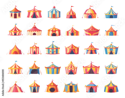 Cartoon Circus Tents Icon Set. White Background. Simple Style Big Top Carnival Marquee Circus Performance Entertainment Festival Fairground Event Illustrations Fun Fair