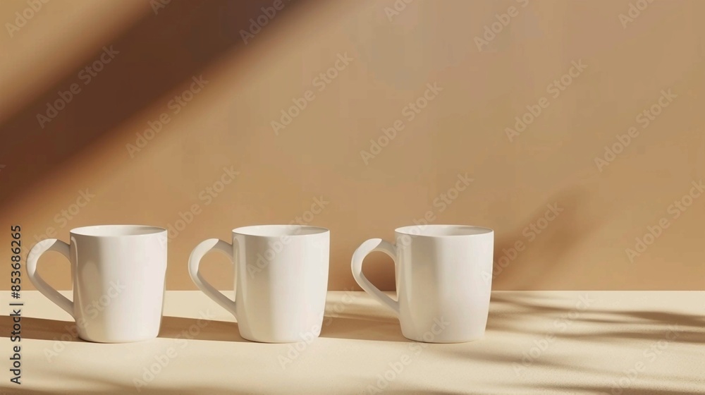 Three white coffee mugs on a table. Generative AI Three white coffee mugs on a table. Generative AI