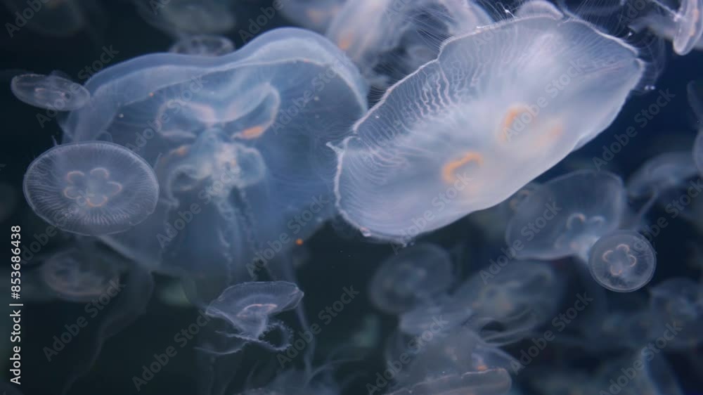 Aurelia Aurita, a group of moon jellyfish in an aquarium. Aurelia Aurita, a group of moon jellyfish in an aquarium.