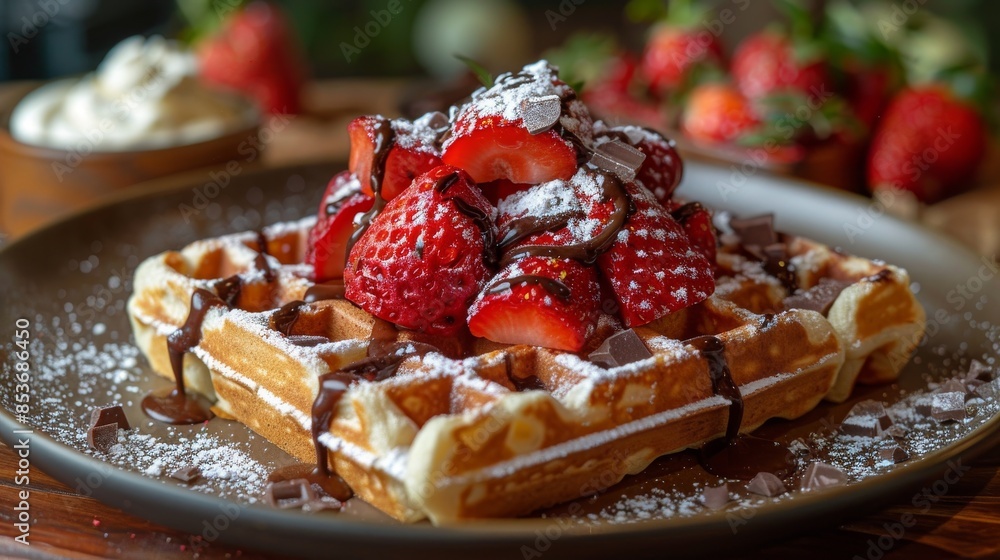 A tantalizing plate of Belgian waffles topped with strawberries, chocolate, and powdered sugar next to cream A tantalizing plate of Belgian waffles topped with strawberries, chocolate, and powdered sugar next to cream