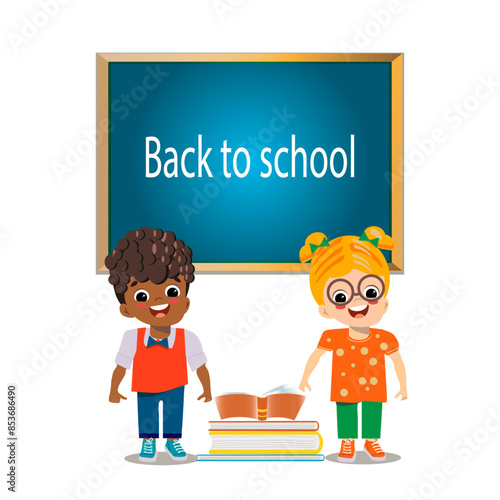 school dask, books,black boy and white girl
