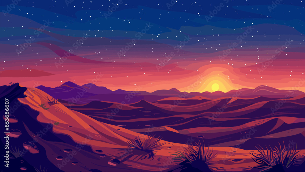 Cartoon Desert sand dunes on which the light of the rising sun falls and starry sky. Sunrise Horizon View Starry Night Sky Arid Wilderness Golden Sands Remote Location Nature Cartoon Desert sand dunes on which the light of the rising sun falls and starry sky. Sunrise Horizon View Starry Night Sky Arid Wilderness Golden Sands Remote Location Nature