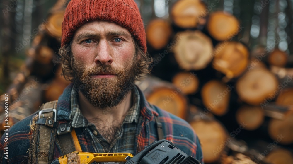 Fototapeta premium A rugged bearded man in a red knit hat holds a chainsaw with a pile of logs in the background, evoking a sense of outdoor labor