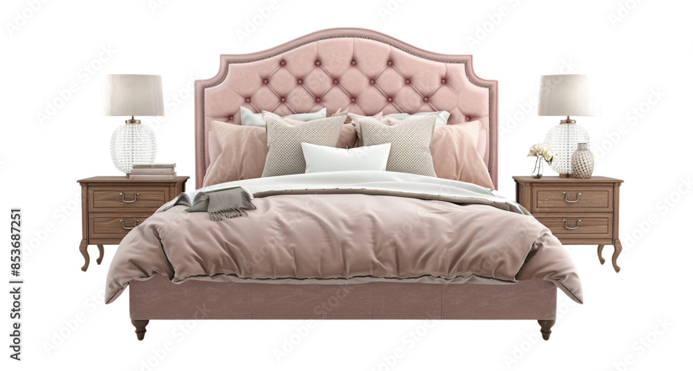 3D rendering of a double bed with beige and pink blankets, two wooden nightstands on a white background