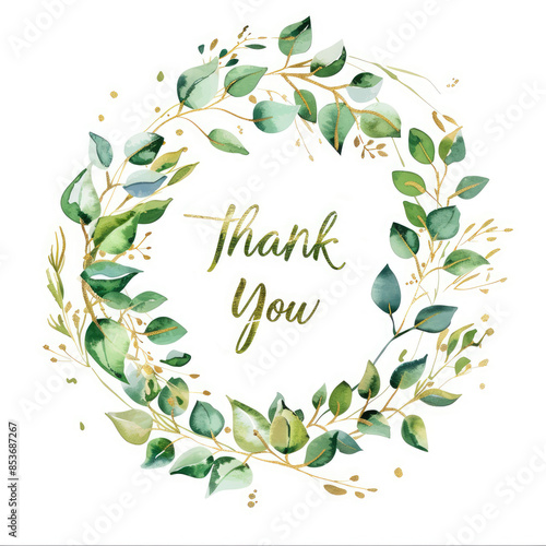 Thank you card in a wreath of lush green leaves with subtle gold accents on a white background