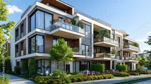 contemporary apartment complexes in the city. 3D rendering © Nijat
