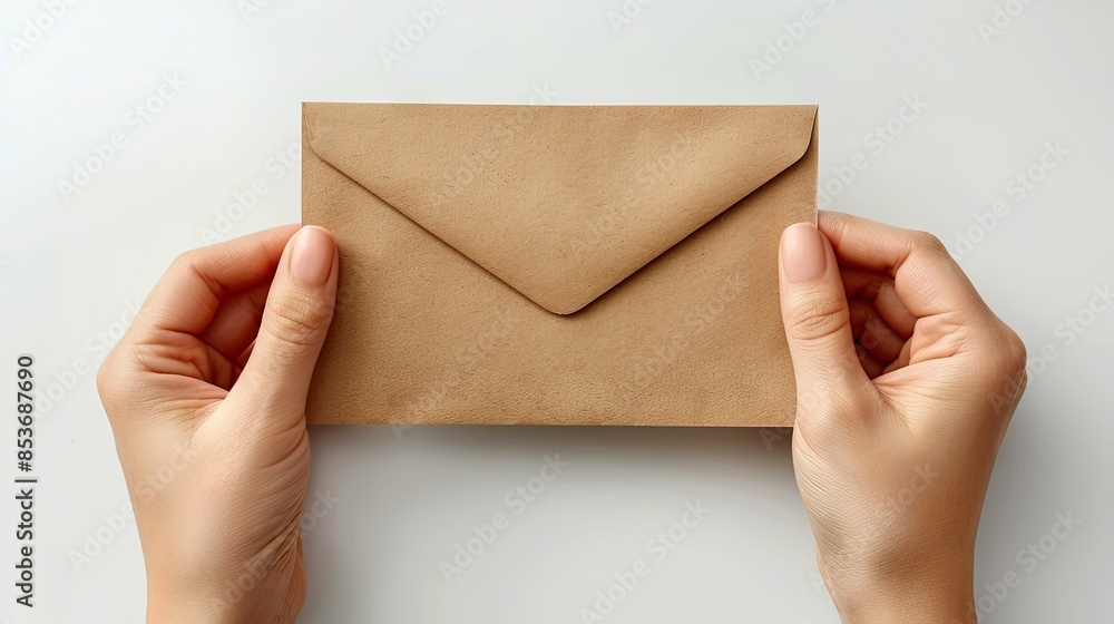 Craft paper card in female hand isolated on white Craft paper card in female hand isolated on white