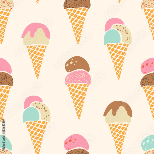 Ice-cream cones vector seamless pattern. Cute flavored gelato in waffle cones repeat design on cream off-white background. Hand drawn textured summer frozen dessert in retro pastel colors