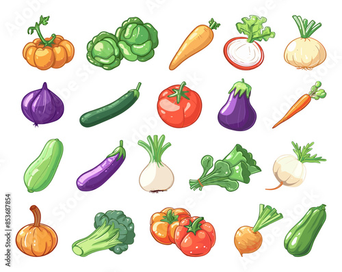 Cartoon Different Vegetables Set. Simple Style White Background Fresh Produce Healthy Eating Organic Food Assortment Nutrition Ingredients Vector Illustrations Kitchen Cooking