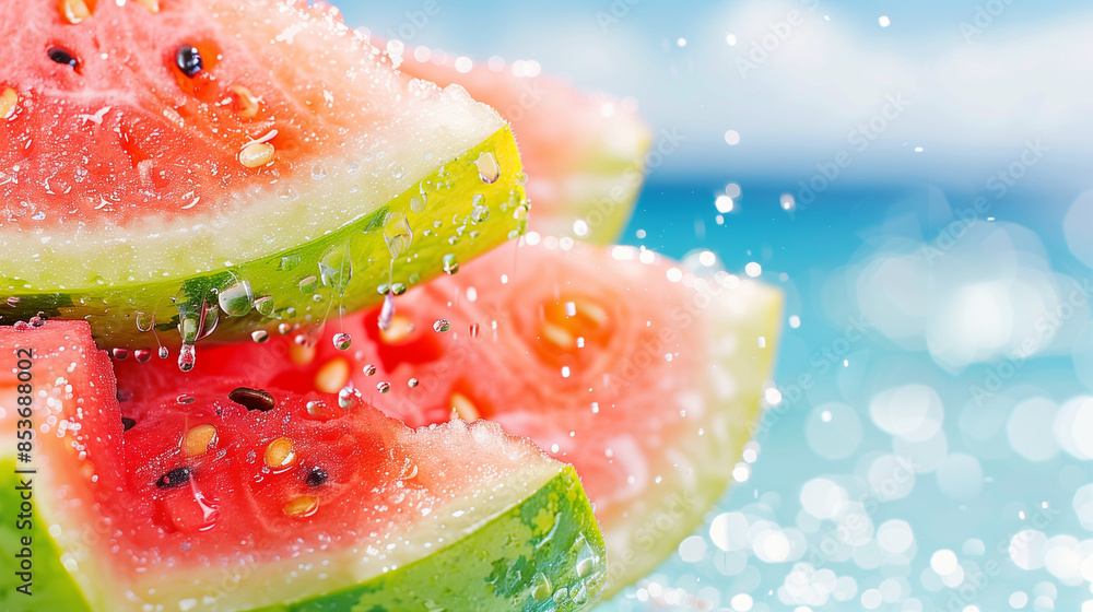 Refreshing Watermelon Slices with Water Droplets. Summer Fruit Closeup Refreshing Watermelon Slices with Water Droplets. Summer Fruit Closeup
