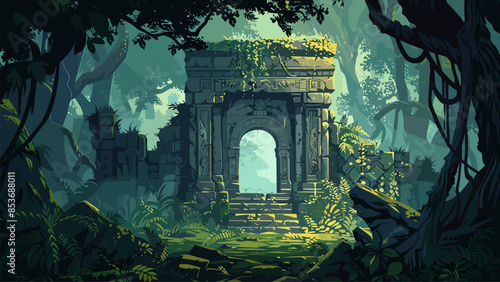 Cartoon forgotten temple deep within a dense jungle overgrown with moss and vines background. Ancient Ruins Hidden Temple Lush Vegetation Tropical Rainforest Mystical Atmosphere