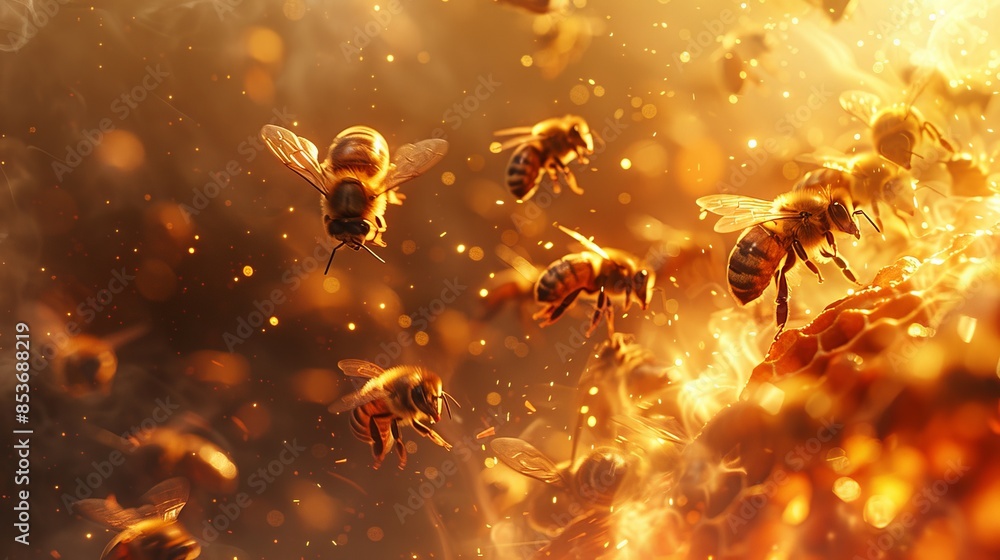 Honeybees captured in flight with a warm, sunlit backdrop creating a luminescent atmosphere Honeybees captured in flight with a warm, sunlit backdrop creating a luminescent atmosphere